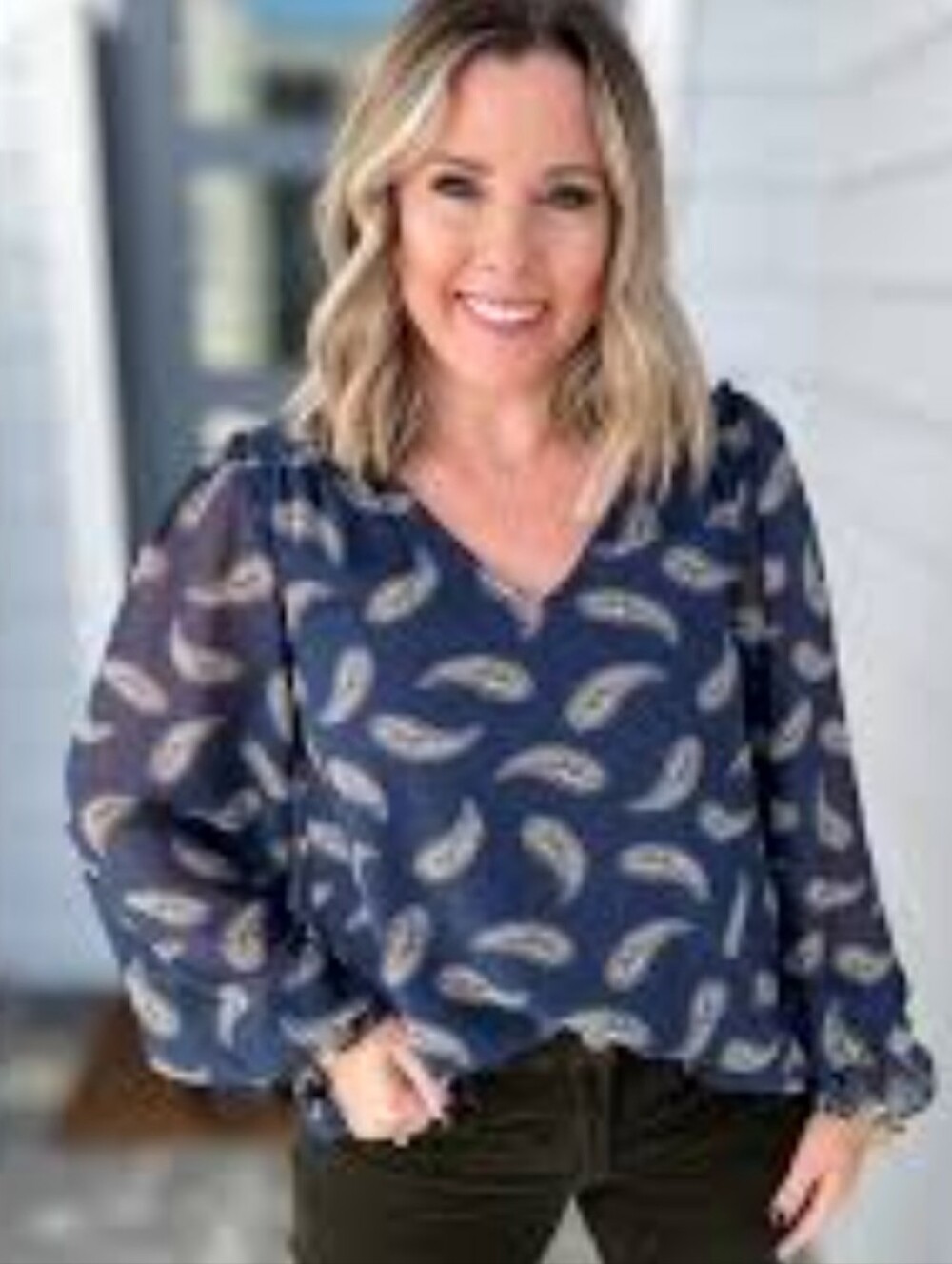 Heyson Women's s Navy Blue Paisley Print Long Sleeve Blouse